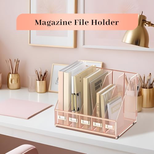 SUPEASY Desk Organizers Metal Desk Magazine File Holder with 5 Vertical Compartments Rack File Organizer for Office Desktop, Home Workspace, Rose Gold - color: Rose Gold, size: Small