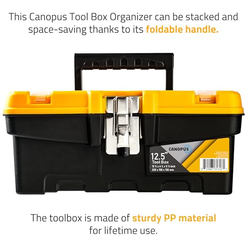 CANOPUS Plastic Toolbox, 12.5-inch Portable Tool Box with Metallic Clutch, Tool Organizer with Extra Storage Tray for Home Tools, Nails and Pins, Black-Yellow
