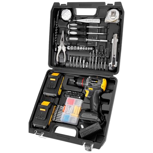 AwxryoX Brushless Compact Drill Tool Set, 60N.m 20V Cordless Drill Tool Box with 2 Battery, 135Pcs Man Household Combo Set with DIY Hand Taladros Kits, 531 In-lb Kit with Drill for Daily Home Repair