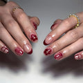 Short Oval Press On Nails, Burgundy Blossom French Tips - color: 40-Ruby Petal Kiss