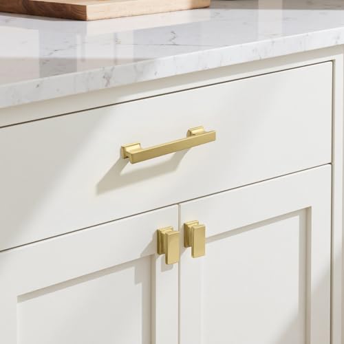 KNOBWELL 6 Pack Brushed Gold Solid Cabinet Pulls 3-3/4 Inch(96mm) Hole Center Kitchen Cabinet Handles,Cabinet Hardware for Cupboard Drawer Pulls - color: Brushed Gold, size: Hole Center：3-3/4 inch（96mm）