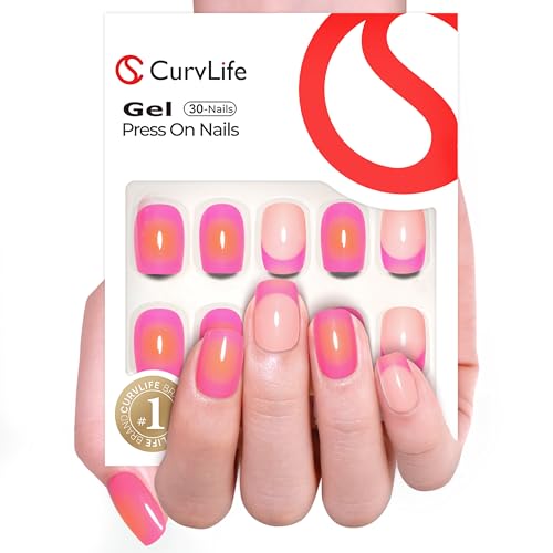 CurvLife Medium Square Chrome Press On Nails, Neon Hot Pink, Soft Gel - color: French nails