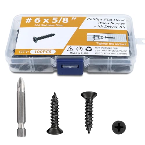100PCS #6 x 5/8" Black Wood Screws, Flat Head Stainless Steel Sheet Metal Screws, Fast Self Tapping Screws for Deck Drywall Concrete Screws with Screwdriver Bit - style: Black #6X5/8" Flat Head 100PCS