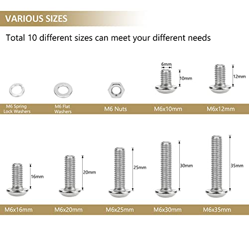 148 Pieces M6 x 10/12 /16/20 /25/30 /35mm Button Head Socket Cap Screws Nuts Washers Assortment Kit, 304 Stainless Steel, Fully Machine Thread - size: M6, style: Button Head
