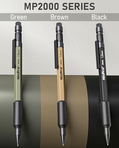 Nicpro 3 PCS 1.3 mm Mechanical Pencil Set with 48 Lead Refill, 3 Eraser - style: 3 Pack (Black Green Brown)