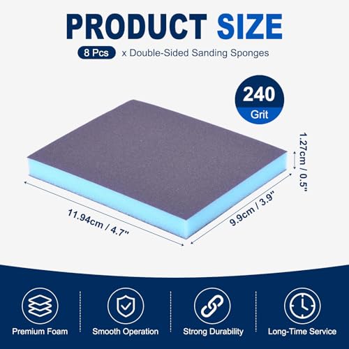 8Pcs 240Grit Double-Sided Sanding Sponges, Washable & Reusable - size: 240Grit