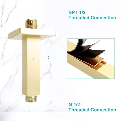 Enga Brass Square Shower Arm with Flange, 3 Inches Ceiling Mount Replacement Rain Shower Head Straight Arm, Brushed Gold - color: Brushed Gold, style: 3 Inch