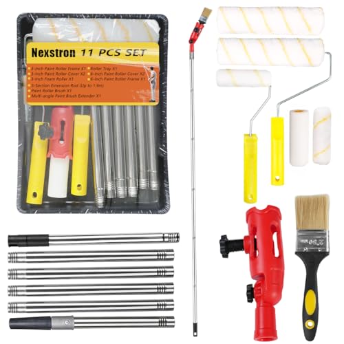 Paint Roller Set 11Pack, 1.9m Paint Roller Extension Pole 4 with Paint Brush, Professional Paint Rollers and Trays Sets with Scraper and Stirrer for Painting Walls (11 Pack) - color: 11 Pack