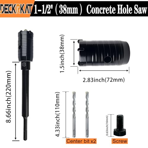 DECKRKAT 1-1/2" Concrete Hole Saw Kit,Electroplated Black Quenching Tech,Heavy-Duty Thickened Alloy Teeth,SDS Plus Shank & 2 Center Bits for Concrete,Brick,Stone. - size: (38mm)1-1/2"