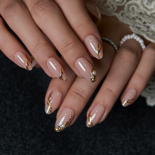 CurvLife Medium Almond 3D Gold Lines Press On Nails, Golden Pearl Lines - color: B3 - Elegant Nude Nails with Gold Accents
