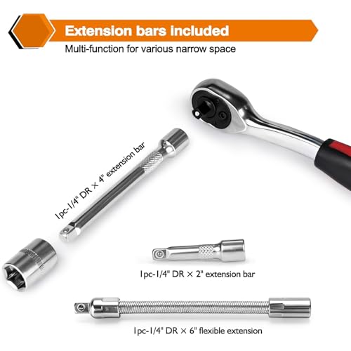 Egofine 46 Pieces 1/4 inch Drive Socket Ratchet Wrench Set Nickel Tool - style: 1/4" 46 PCS with 72 Teeth Ratchet