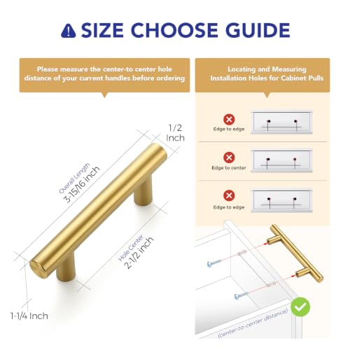 Ravinte Brushed Gold Cabinet Handles,Round T Pulls,2-1/2 Inch,30 Pack - color: Brushed Gold, size: 2-1/2 Inch Hole Center