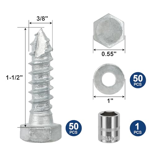 3/8" x 1-1/2" Lag Screws Bolts with Washers(50Pcs) - size: 3/8x1-1/2in