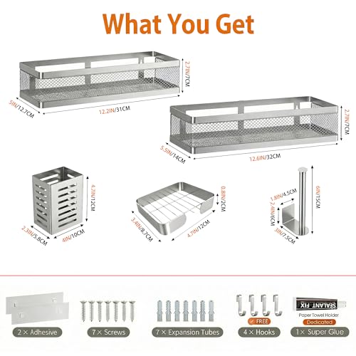 PUSDON 5-in-1 Wide Wall Mount Wrapped Mesh Kitchen Organizer & Shower Caddy Kit, with Paper Towel Holder, Utensil Holder, Soap Dish, Heavy Duty 50LBS - Silver Gray, Netting - color: Silver Grey, size: 5-in-1 Full Mesh (12.6" Wide)