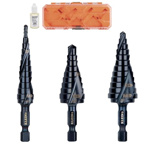 Klein Tools QRST3PC 3-Piece Impact Step Drill Bit Set with Cutting Oil/Lubricant and Modular Case, 1/2 to 7/8-Inch, Quick Release Hex Shank - size: 3-Piece Set (Small), style: Quick Release