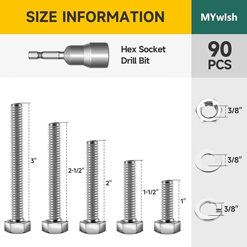 Mywish 90Pcs 3/8 Bolts, Hex Head Nuts and Bolts Assortment Kit, 304 Stainless Steel 18-8, Assorted 3/8 Bolts and Nuts Kit, 3/8-16" Fully Machine Threaded Bolts, 5 Sizes Included Bolts Kit - size: 90 Pcs 3/8 Kit - Silver