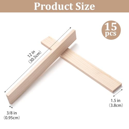 Wood Trim Wooden Strips Slats for Crafts, Square Wooden Dowels Sticks for Crafts, 3/8" × 1.5" × 12", 15 PCS Wood Dowel Rods for Crafting, Unfinished Hardwood Sticks Flat Lumber Boards for Woodworking - size: 3/8x1.5x12 in - 15PCS