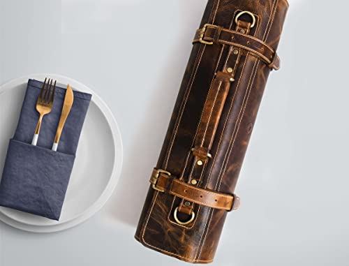 Aaron Leather Goods Vendimia Estilo Leather Knife Roll Storage Bag, Elastic and Expandable 10 Pockets, Adjustable/Detachable Shoulder Strap, Travel-Friendly Chef Knife Case Roll (Caramel, Leather) - color: Caramel