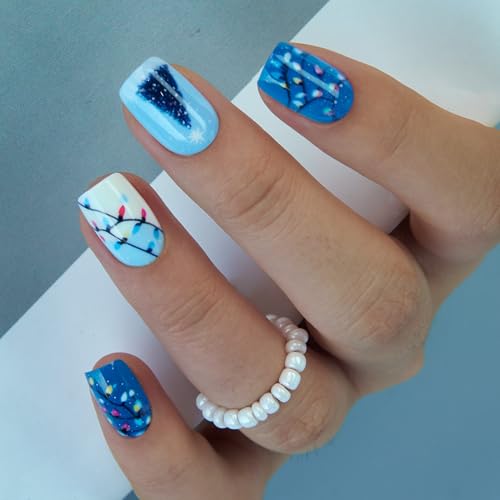 CurvLife Medium Christmas Press On Nails, Lights Art White, Soft Gel - color: Christmas Lights Nail Art