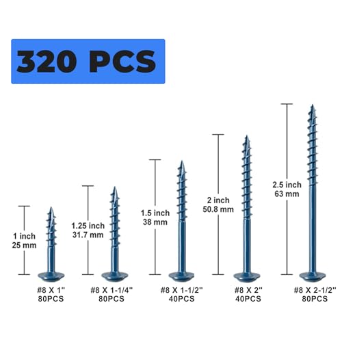 Pocket Hole Screw Kit, 5 Sizes, 320PCS, Blue Coated - size: #8 x 1"-2-1/2"