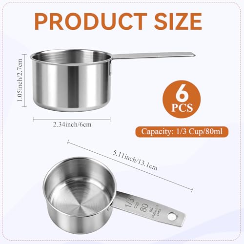 6Pcs Stainless Steel Measuring Cup, 1/3 Cup - 80ml Metal Measuring Cup, Comfortable Hand Feeling Measuring Scoops for Coffee Cooking Baking Kitchen - size: 1/3 Cup