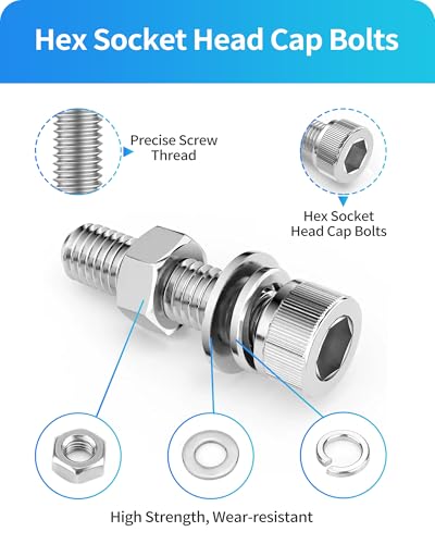 Metric Screw Assortment, 1280PCS Metric Bolt Assortment Kit M3 M4 M5 M6 Machine Screws with Lock & Flat Washers, 304 Stainless Steel Hex Socket Head Cap Screws Nuts and Bolts Kit (Silver) - size: M3M4M5M6 1280PCS (Silver)
