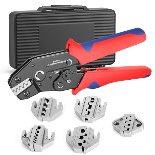 6PCS Crimping Tool Set - Amliber Ratcheting Wire Crimper for Heat Shrink/Insulated Nylon, Non-Insulated, Dupont, Open Barrel Terminals, Wire Ferrules, Solar Connectors, Case Included