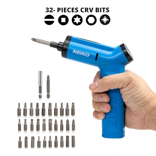 NEIKO 10580A Electric Screwdriver, 34pc Rechargeable Cordless Screwdriver Set, 1/4” Hex Shank 3.6V Lithium Ion Power Screwdriver, 3 LED Lights, USB C Charger Included, Mini Screw Driver - style: Electric Screwdriver