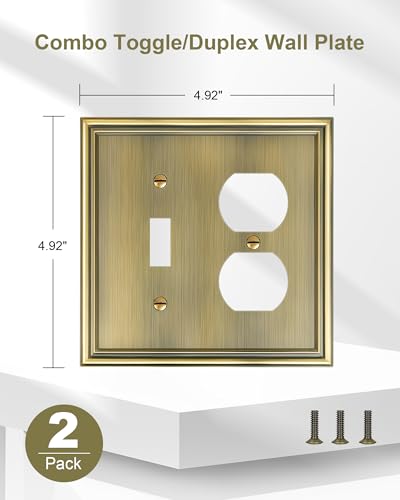 2-Pack Zinc Alloy Combo Toggle/Duplex Light Switch Cover Plate - color: Antique Brass, size: 1 Toggle/1 Duplex 2PK