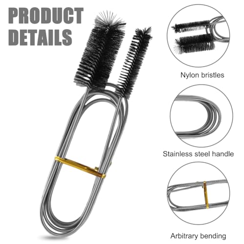 2pcs Flexible Long Drain Brush Set, Hose Pipe Stainless Steel Nylon Bristles Brushes with Dual Heads Tube Cleaner Brush for Kitchen, Sink, Drain Pipe, and Pipe Cleaning Tool - color: Black