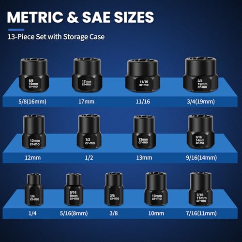 13PCS Bolt Extractor Kit, Stripped/Lug Nut Removal, 3/8" Drive,SAE & Metric - color: 13pcs