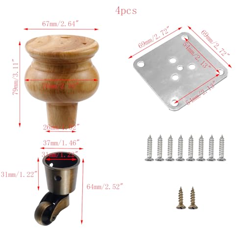 4pcs 4.72" Wooden Furniture Legs with Furniture Casters - color: Wood Color, size: Height: 4.72"