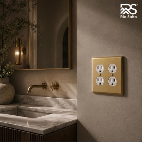 Rio Salto BRASS Decorative Outlet Covers Light Switch Cover 2 Duplex Outlet Covers Double Duplex Wall Plate Brushed Brass Gold Premium Covers — Signature Collection, Standard 4.56" x 4.50" - color: Duplex 2-Gang (2-Pack)