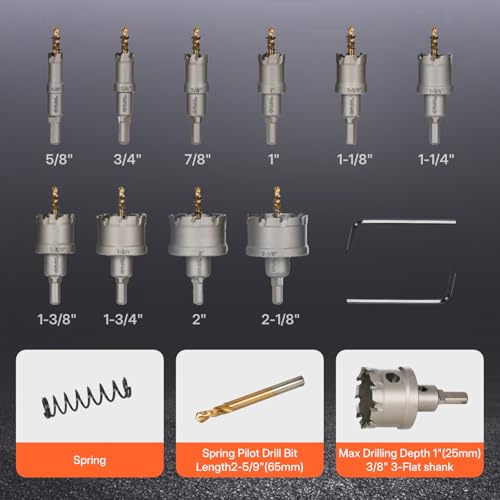 BLACK CANYON 12 Pcs Carbide Hole Saw Kit, Heavy Duty Hole Saw Set with Carbide Hole Cutters and Pilot Drill Bits, for Stainless Steel/Cast Iron/Carbon Steel/Aluminum/Metal (5/8" to 2-1/8")