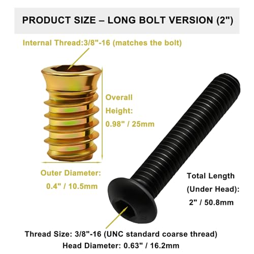 3/8"-16 Furniture Threaded Insert Kit, 15 Zinc-Plated Inserts (25mm) & 15 Grade 10.9 Bolts (2"), with 10mm & 5.5mm Wrenches and 13mm Drill Bit for Heavy-Duty Wood Furniture Repair and Assembly - size: 3/8"-16 × 25 mm(Inserts) + 3/8"-16 × 2"(Bolts)