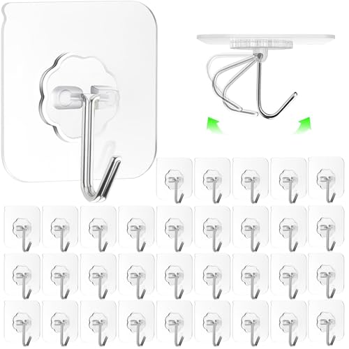 ZESLMG Adhesive Wall Hooks for Hanging, 32 Pack Self Sticky Hooks Heavy Duty 22lb Clear, Removable Shower Hook No Damage for Towel Key Coat Wreath Picture Outdoor Ceiling Bathroom Kitchen, Waterproof - size: 32 Regular Hook