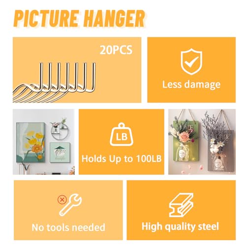 FURHUA 20pcs Aeneous Super Hook Picture Hangers and Office Pack, Drywall Hooks for Hanging Pictures, Wall Hooks, Picture Hangers, Picture Hanging Kit，Hang Art, Clock, Shelves, Mirrors - style: Aeneous