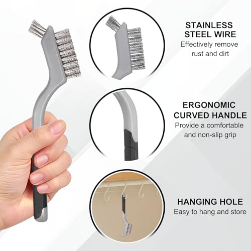 HARFINGTON 6pcs Wire Brushes Stainless Steel Cleaning Brushes with Curved Handle Dual Head for Cleaning Scrubbing Rust Dirt Paint Removal, Grey - color: Grey