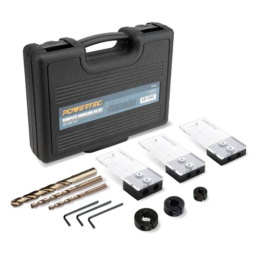 POWERTEC Complete Doweling Jig Kit w/ 1/2",3/8",1/4" Cobalt M-35 Drill Bits, Wood Dowel Jig Accessories with Depth Scale, Laser Cut Alignment Marker & Split Ring Stop Collar for Easy Alignment(71714) - style: Complete Doweling Jig Kit (1/2", 3/8", 1/4" Bi