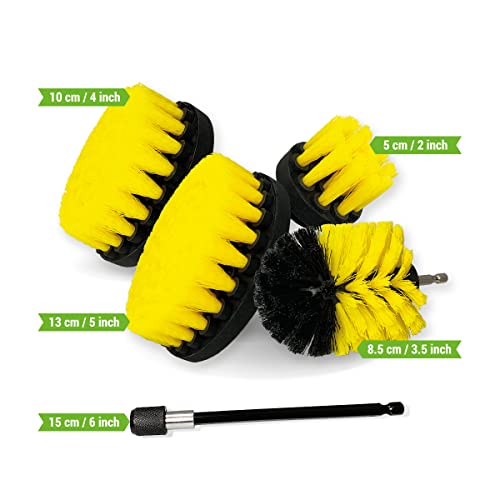 Premium Drill Brush Professional – Medium-Soft 5-Piece Kit (5/4 / 3.5/2 in Brushes + 6 in Extension) | Scratch-Free Cleaning Brush for Tile, Grout, Bath, Shower, Fibreglass, Ceramic - color: Yellow
