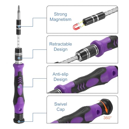 HARFINGTON 123 in 1 Magnetic Precision Screwdriver Set Electronics Repair Tools Kit with 96 Bits Flexible Shaft and Extension Rod for Cellphone Game Console Laptop PC Computer Camera, Purple - color: Purple