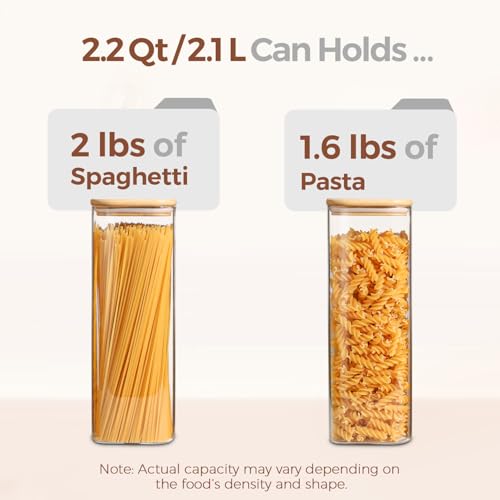 ComSaf Pasta Containers Storage 2.2 Qt, Spaghetti Jar, Set of 3 Tall Jars | Glass Storage Containers with Lids, 11.3-inch High Glass Kitchen Canisters Square, Cereal, Noodles, Oats, Dry Food, BPA Free - size: 2.2Qt*3