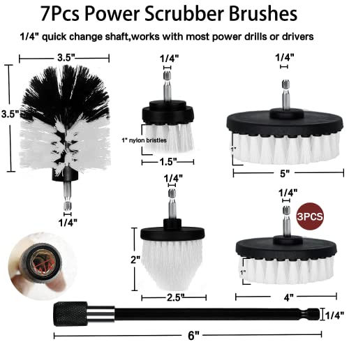 8 Pack Drill Brush Attachment Set,1/4in Power Scrubber Brush + Extend Long Rod, Power Cleaning Scrub Brush for Bathroom, Tub, Tile, Floor, Grout, Boat(White) - color: White