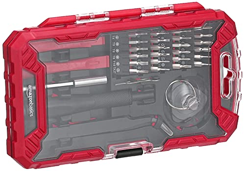 Amazon Basics Precision Screwdriver Set, 32-Piece Electronics Repair Tool Kit for Laptops, Smartphones, Eyeglasses, Watches, Magnetic Tip, Red