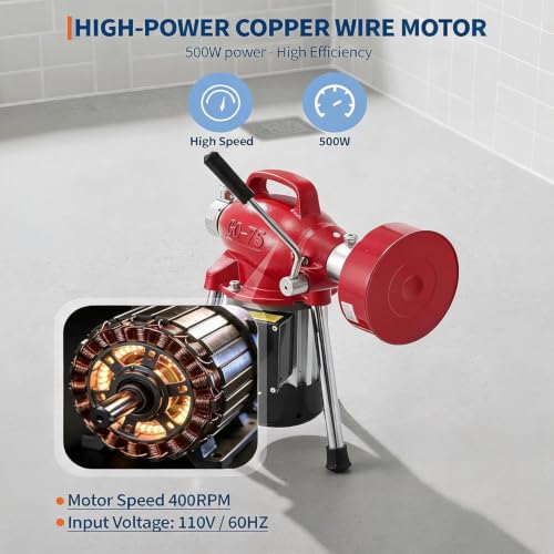 500W 400 RPM Auto Feed Electric Drain Cleaner Machine (66FT x 5/8" + 16FT x 3/8", Red) - color: Red