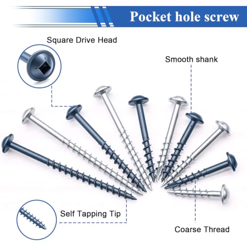 smseace 580Pcs Pocket Hole Screws Assortment Kit #8 x 1, 1-1/4", 1-1/2", 2", 2-1/2" Blue Coated Square Drive Pocket Screws with 150mm Drive Bit Wood Screw Set - color: Blue