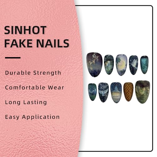 SINHOT Almond Press on Nails - Medium Fake Nails, Glossy Finish, Cute Pattern & White Dove, DIY Artificial False Nail Art - 24 Pcs Nail Kit with Glue