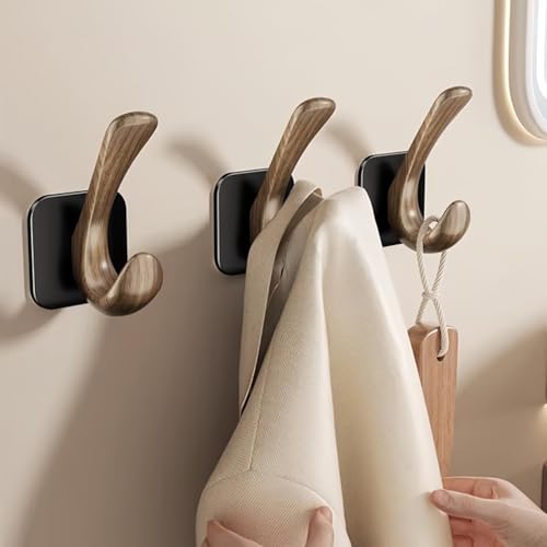 4 Pack Adhesive Wall Hooks for Hanging 22LB Heavy Duty, Wood Grain Waterproof Hooks for Coat Hat Tote Bag & Home Organization (4, Black) - color: Black
