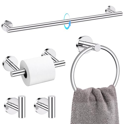 TQKAG 5 Piece Towel Racks for Bathroom, 23.6" Bathroom Hardware Set Chrome | Bathroom Hardware Set, SUS304 Stainless Steel, Double Post Pivoting, Towel Hooks, Toilet Paper Holder Set Wall Mounted - color: Polished Chrome, size: 5-Pieces Set-B