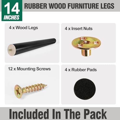FoDau770 Rubber Wood Legs 14", Slant Taper, 5/16"-18 Thread, Black, 4pcs | Wood Couch legs - Mid Century Sofa Legs - Furniture legs Replacement for Cabinet Dresser Chair Ottoman - color: Black, size: 14 Inch - Slanted (80°)